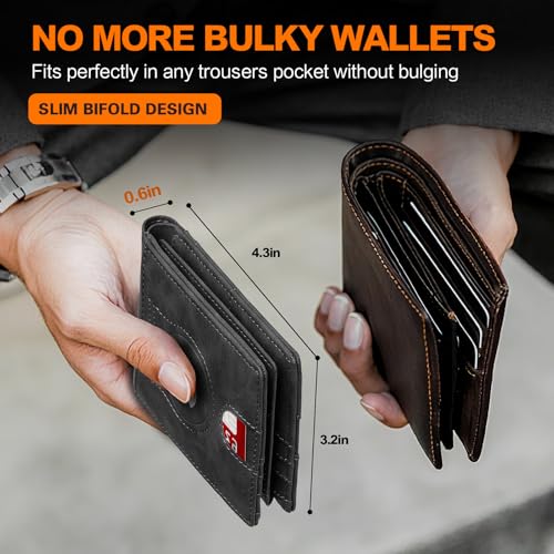 Image of Wallet for Men Slim RFID Blocking Bifold Carbon Fiber,Minimalist Small Compact Front Pocket Credit Card Holder,Thin Mens Leather Wallets Smart Security With 2 ID windows 1 Cash (Crazy Horse Grey)
