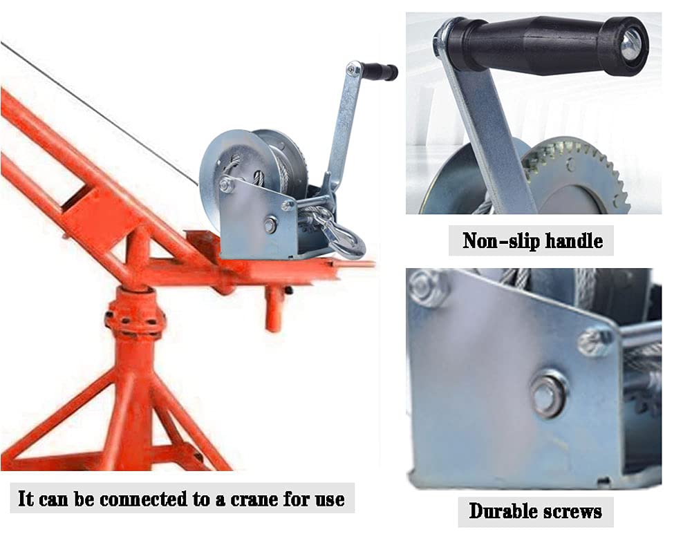 Handwinde mit Bremse, 544.3 kg Handkurbelgetriebe mit Haken und Griff für Boote ATV Anhänger, Professionelle Edelstahl Manuelle Seilwinde