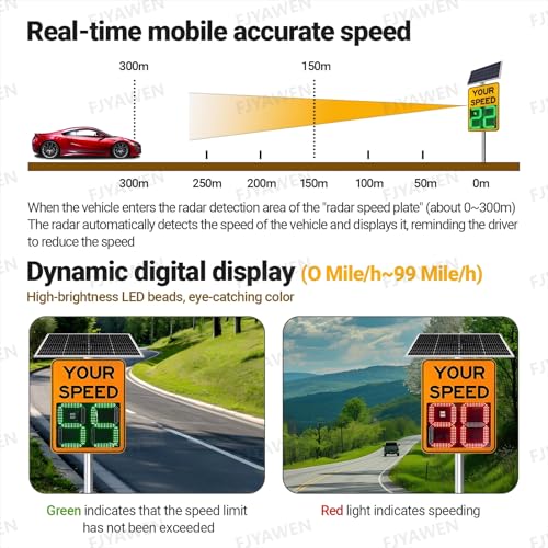 Señal de velocidad de radar, pantalla LED con energía solar, rango de medición de velocidad de 300 m, cubre 4 carriles, incluye accesorios, 60 x 90 cm
