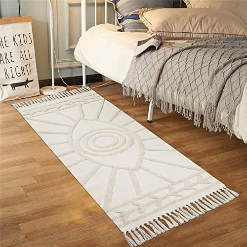 Uphome Boho Runner Rug 2'X5' Beige Evil Eye Tufted Kitchen Rug Runner With Tassels Soft Cotton Washable Eclectic Farmhouse Accent Rug For Hallway Bathroom Living Room Laundry Room #TOP5