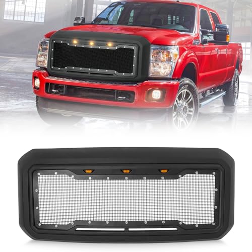 Grille for F250 Front Hollow Grill Replacement Compatible for 2011 2012 2013 2014 2015 2016 F250 Black Matte Bumper Steel Rivet Grille with high-mount amber LED accent lights