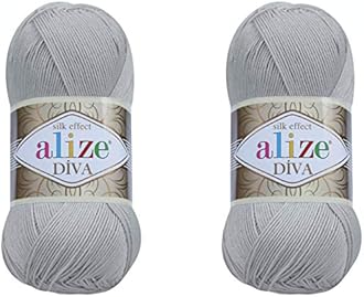 Alize Diva Yarn Hand Knitting Yarn 100% Microfiber Acrylic Yarn Alize Diva Silk Effect Thread Crochet Art Lace Craft Lot of 2 skeins 200gr 767 yds (355-Grey)