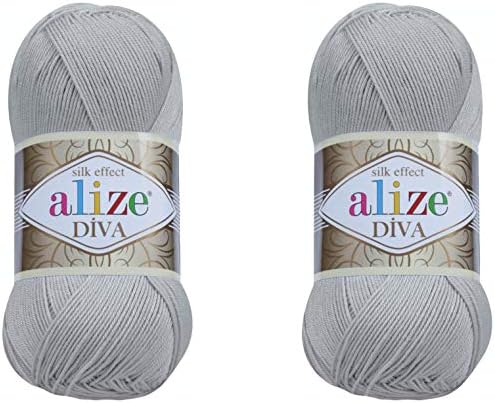 Alize Diva Yarn Hand Knitting Yarn 100% Microfiber Acrylic Yarn Alize Diva Silk Effect Thread Crochet Art Lace Craft Lot of 2 skeins 200gr 767 yds (355-Grey)