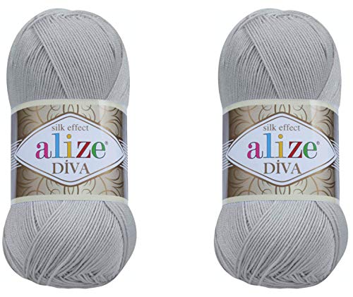 Alize Diva Yarn Hand Knitting Yarn 100% Microfiber Acrylic Yarn Alize Diva Silk Effect Thread Crochet Art Lace Craft Lot of 2 skeins 200gr 767 yds (355-Grey)