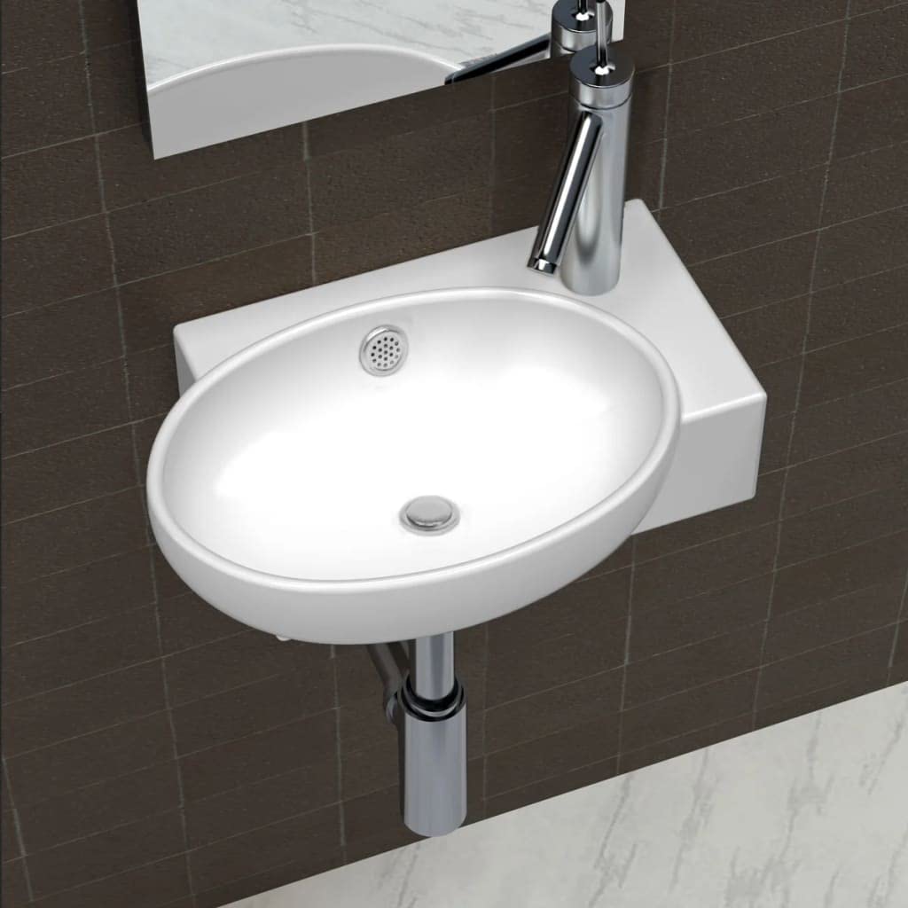 vidaXL Lavabo Ovalado Agujero Grifo y Desbordamiento Cerámica Blanco Lavamanos