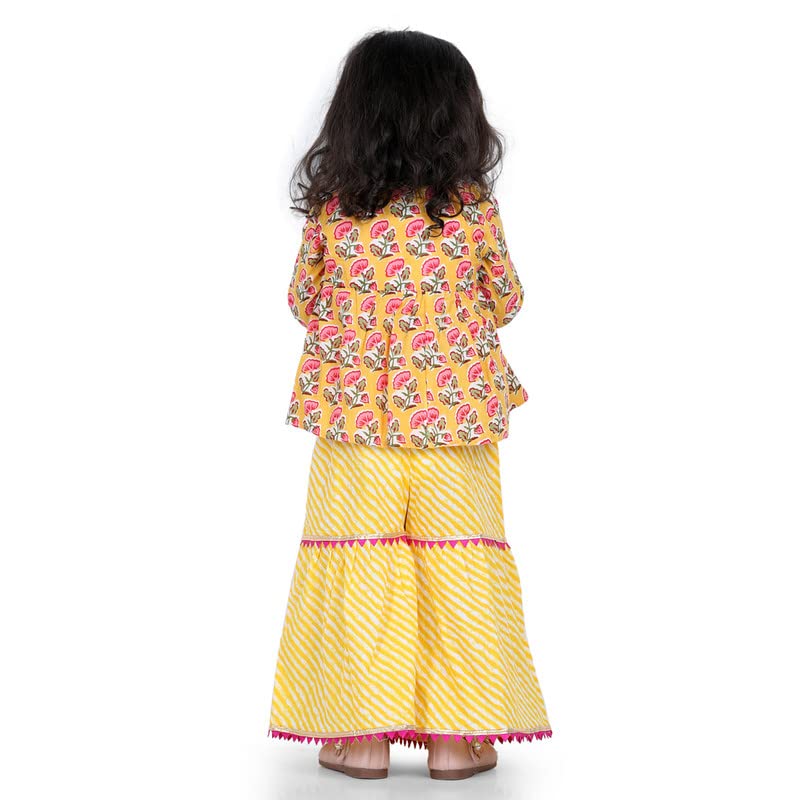 Image of BownBee Girls Cotton Kurti and Sharara Suit Set Round Neck, Angrakha Traditional Ethnic Dress, Front Open Kurta For Girl Kids, Suitable for All Festivals & Casual Wear