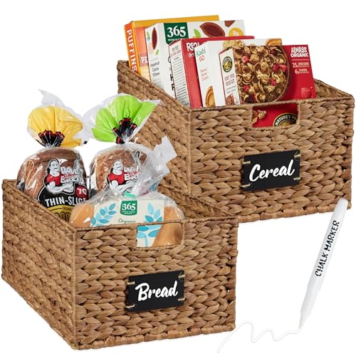 Best Choice Products Pantry Baskets Set of 2 16x12in Water Hyacinth Storage Baskets, Woven Wicker Kitchen Organizers with handles w/Chalkboard Label Chalk Marker - Chestnut