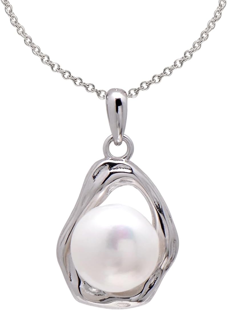10 MM Cultured White Pearl Artistic Sterling Silver Drop Pendant Necklace for Women