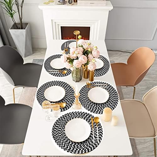 CaraPro Handmade Placemats Set, Textured Table Placemats for Kitchen and Dinning, Thick, Heat Resistant Table Mats. (Black and White, Set of 4) 15 inch Diameter