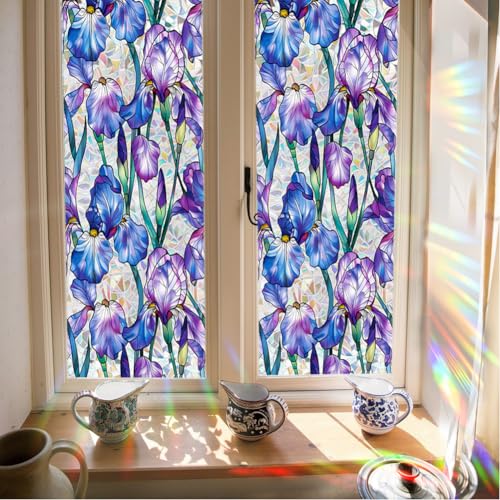 Image of JOONOR Purple Iris Flowers Sunroof Film Floral Rainbow Effect Static Clings Window Privacy Film Sun Protection Stained Glass Decals for Car Moonroof & Side Windows, 17.72 x 35.43 Inch