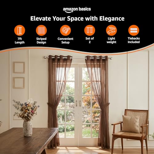 Image of Amazon Basics - Stripe Textured Sheer Door Curtains | Light Filtering | 7 Feet | Set of 2 | Striped Design | for Living Room, Bedroom & Balcony | 210cm x 115cm, Color - Coffee