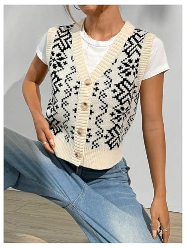 Image of MakeMeChic Women's Geo Print Cable Knit Sweater Vest Button Front Sleeveless V Neck Top Multicolor Medium