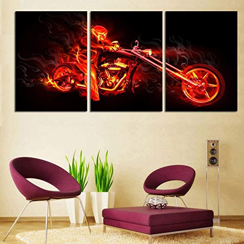 Tableau moto en feu 3 panneaux pour décoration murale de salon