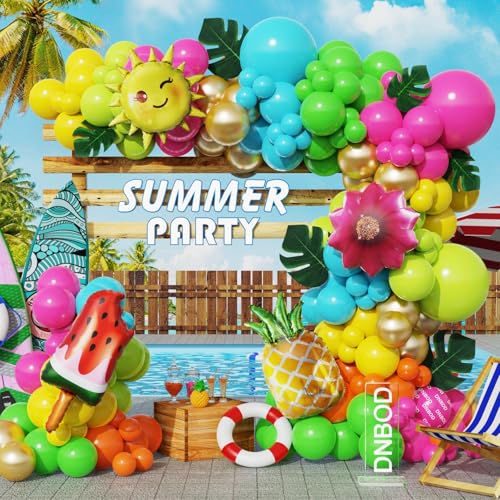 Image of Summer Tropical Balloon Arch Kit,129Pcs Hot Pink Green Gold Balloon Garland with Watermelon Ice Pop,Sun,Pineapple,Flower Foil Balloons for Hawaiian Luau Baby Shower Birthday Pool Party Decoration