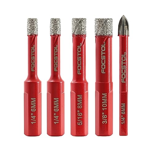 FOCSTOL Juego Brocas Diamante Seco - 4 piezas 6/6/8/10mm Kit Broca Corona Diamante+1 pieza 6mm Taladro Carburo con Vástago Triangular para Gres Porcelanico Cerámica Granito Mármol Cuarzo