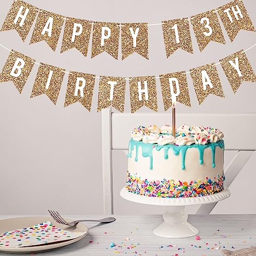 Image of Pre-Strung Happy 13th Birthday Banner - Gold Glitter Birthday Banner | No DIY - Gold Glitter 13th Party Decorations for Boys & Girls - Pre-Strung on 6 ft Strands - Bday Party Decorations & Decor