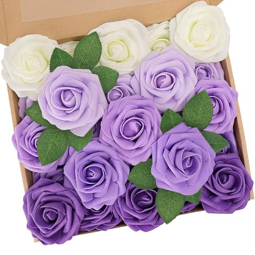N&T NIETING Künstliche Blumen Rosen, 25 Stück Deko Blumen Fake Rosen mit Stielen Perfekt für DIY Hochzeit Blumensträuße Braut Zuhause Dekoration, Serie Violett