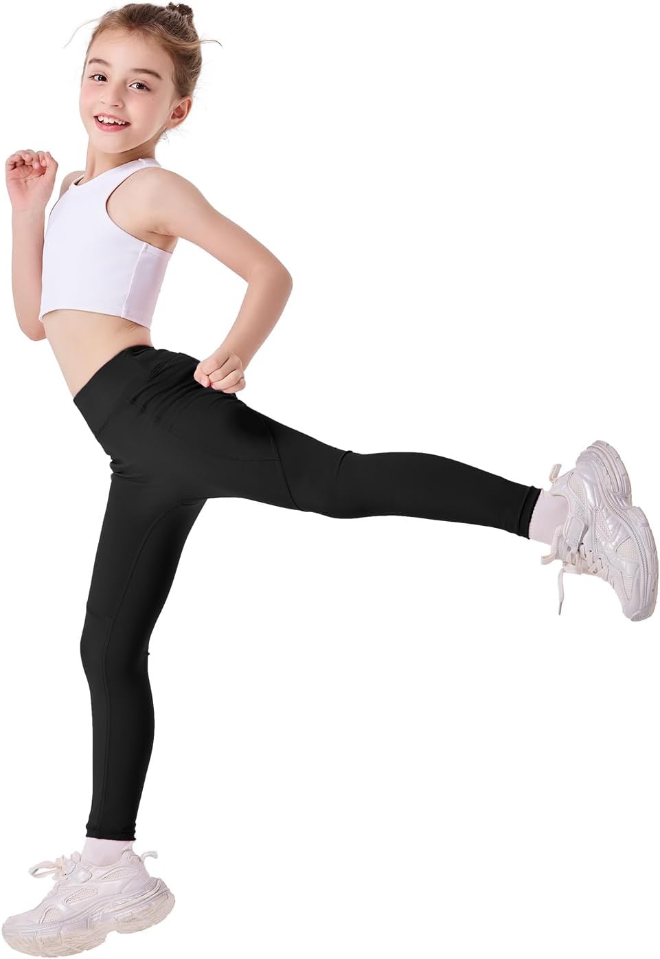 Girls Yoga Leggings Running Girl Athletic Leggings with Pocket High Waist Dance Workout Yoga Pants 5-14Y - Image 2