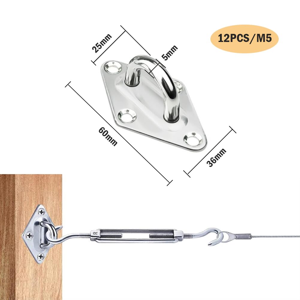 12 Pezzi M5 Piastra Oculare Piastra di Copertura in Acciaio Inox 304 Placca Oculare Ganci Piastra Ancoraggio Gancio da Muro con Occhiello Gancio Soffitto per Appendere Gancio Fisso