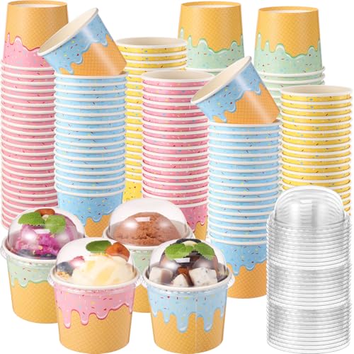 Image of Jingmore 80 Count Paper Ice Cream Cups with Clear Dome Lids Disposable Dessert Cups Bulk Dessert Bowls Sundae Containers for Snack Yogurt Soup Birthday Ice Cream Party Supplies (6 oz)
