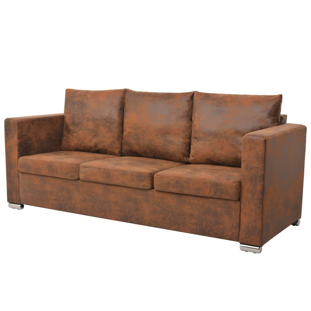 Divano a 3 Posti 191x73x82 cm in Pelle Scamosciata Artificiale Marrone, Struttura in Legno e Cuscini Rimovibili, Design Moderno e Confortevole per Soggiorno, Imbottitura