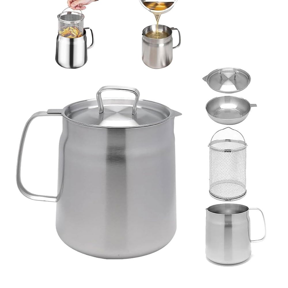Récipient filtre à huile en acier inoxydable 304 – Pot de cuisine de grande capacité pour un usage domestique, mini friteuse à huile polyvalent et tasse filtrante, facile à nettoyer et à utiliser