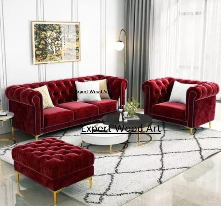 Image of Classic 3+1= 4 Seater with Footrest Seater Sofa Set Luxury Chesterfield Modern Fahionalable Sleeper Sofa for Living Room, Dining Room, (Maroon)