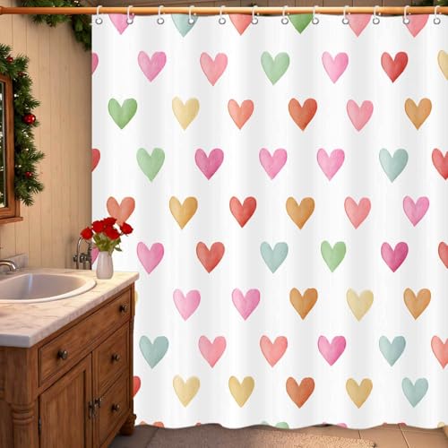 MDDGKH Valentines Day Shower Curtain Pink Red Green Heart Shower Curtains for Bathroom Romantic Farmhouse Home Decor Waterproof Fabric Machine Washable 71 x 71 Inch