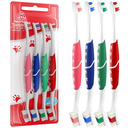 Pet Toothbrush for Dogs, Cats with Soft Bristles - Easy Teeth Cleaning & Dental Care, Non Slip Dual Head Dog Toothbrush for Medium & Large Pets, Toothpaste Not Included (Pack of 4(Multi))