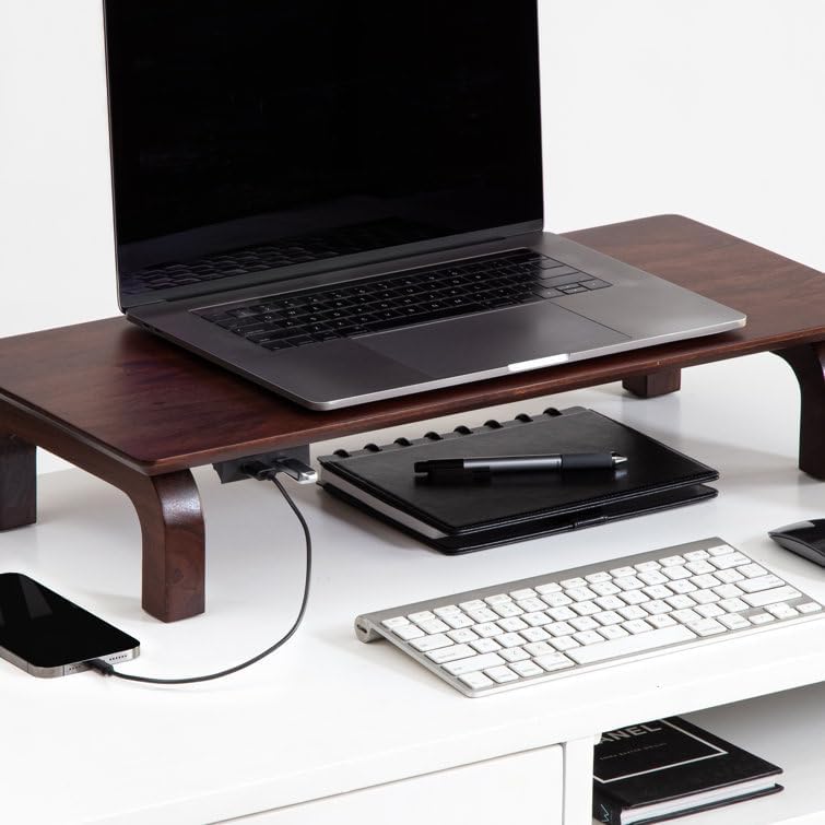 Image of Genuine Decor Solid Sheesham Wood Monitor Stand with Storage Organizer for Desk, Tables, Office, Home, Studio, Study Table | Desktop Ergonomic Monitor Stand Riser (Mahogany)