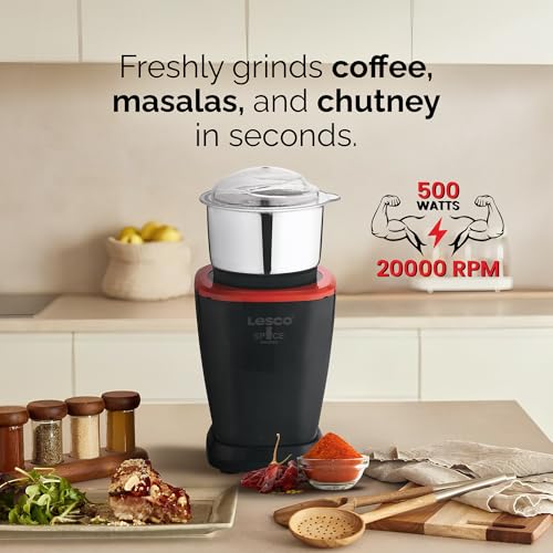 Image of Lesco Spice Grinder, Black & Red | Fine Grind in 20 Secs, 1 Stainless Steel Jar, 20000 RPM Copper Motor, Coffee & Chutney Grinder, 2 Years Warranty