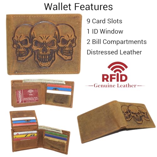 MARSHAL Men’s RFID Blocking Vintage Leather Bifold Wallet with Triple Skull Debossed Design (Tan)2