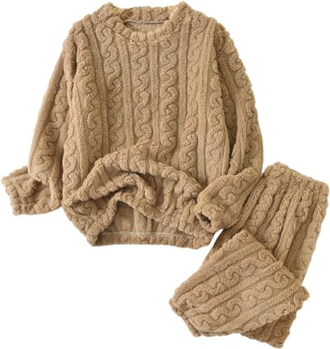 LLECDASEUI Conjunto de pijama de punto trenzado para mujer, pantalones de forro polar esponjoso, conjuntos de pijama de invierno suaves para descansar, marrón, M