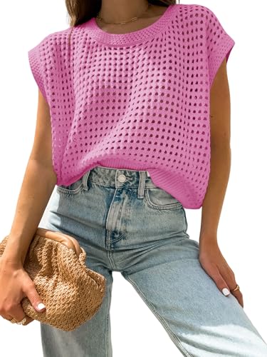 Image of Womens Summer Crochet Tops Hollow Out Cap Sleeve Cover Up Tank Top Pullover Sweater Vest Beach Vacation Clothes