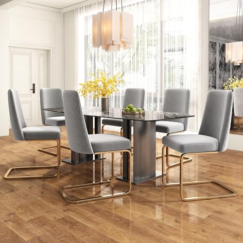 Lujosa silla de comedor de terciopelo con diseño de respaldo de diamante, patas de metal, moderno sillón para sala de estar y dormitorio, juego de 6 unidades, gris y dorado
