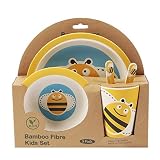ORNAMI 5-teiliges Bambus-Geschirrset für Kinder, Biene Design - Kinder-Geschirrset mit Teller, Kleinkindbesteck, Bambusfaser Schale und Kinderbecher - umweltfreundlich, BPA-frei und spülmaschinenfest