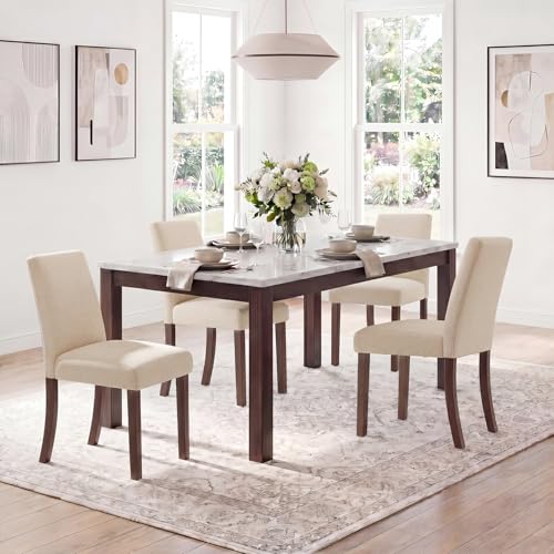 Image of Upholstered Dining Chairs Set of 4, Mid-Century Dining Room Chairs with Wooden Legs, Farmhouse Fabric Parsons Chairs for Small Space Restaurant & Cafe- Beige