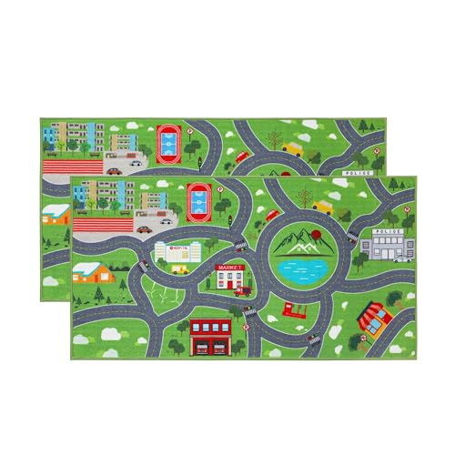 BEQHAUSE Kids Play Mat, Green City Traffic Road Kids Room Rug Great for Playing with Cars, 32"x60" Play Area Rug Car Rugs for Children's Bedroom, Toddler Classroom and Baby Playroom City Tra