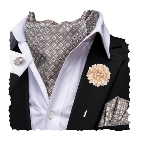 Image of Hi-Tie Silk Ascot for Men Self Tie Men's Cravat and Flower Lapel Pin Handkerchief Cufflinks Set for Wedding Party