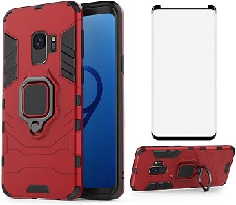 Phone Case for Samsung Galaxy S9 with Tempered Glass Screen Protector Cover and Magnetic Ring Holder Stand Kickstand Slim Hard Cell Accessories Glaxay S 9 Edge 9S GS9 Men Boys Women Girls Cases Bl Red