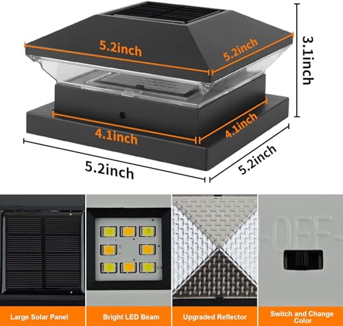 NATPOW 2 Stück Pfostenleuchte Solar, 2 Modi 3000K+6000K Solar Pfostenkappen Licht, IP65 Wasserdicht 9x9 10x10 Pfostenlampen Zaunpfosten für Hölzerne Pfäle Zaun Pfosten Garten Terrasse