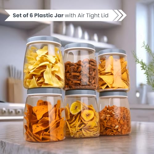 Image of FLAIR Cubics Airtight Food Storage Containers Set of 6 (1500ml each) with Spoons - Blue, BPA-Free, PET Plastic Jars, Space-Saving for Pantry, Snacks