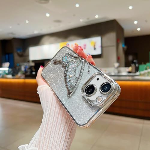 Image of mobistyle Designed for iPhone 14 Plus Cover with Glitter Cute Butterfly Electroplating Design Back Cover Case for Women Teen Girls (Silver)