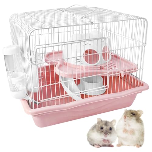 PINVNBY Dwarf Hamster Cage, Small Animal Cages, 2-Tier Travel Portable Mouse Cage Hamster Carrier with Castle House Running Exercise Wheels, Water Bottle and Food Dish(Pink)