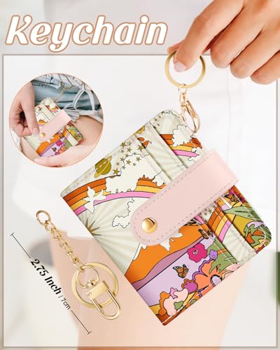 Image of Bistup Small Card Wallet for Women with Keychain, Rainbow & Sun | Clear ID Window, Compact Design for Daily Carry, Durable Material, Sturdy Keychain, Aesthetic