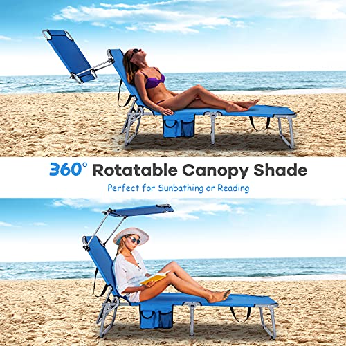 Gymax Beach Chair With Canopy Shade, Folding Tanning Lounge With Adjustable Backrest, Carry Handle & Side Pocket, Sunbathing Chair For Outside, Patio, Poolside, Lawn (1, Navy) #TOP6