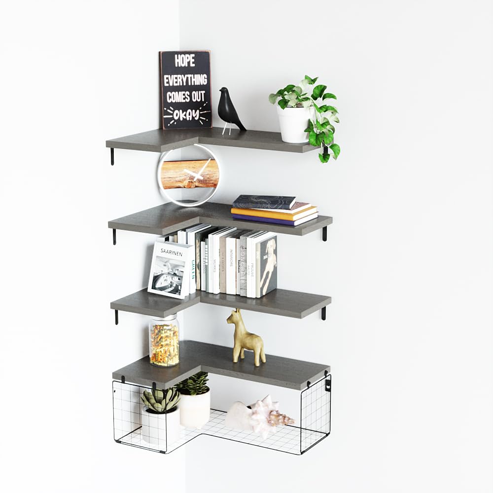 Set of 4 Wall Hanging Corner Shelf with Storage Basket Rustic Wood