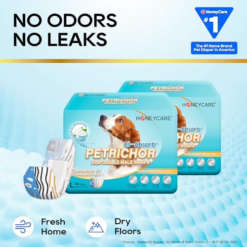 Image of HONEY CARE All Absorb Petrichor Male Dog Wraps, Fresh Smell Dog Diaper, Disposable, Large, Print, 80 Count