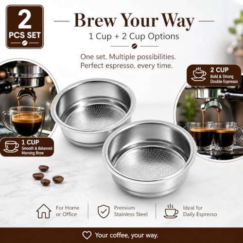 Image of 2PCS Coffee Strainer Basket, Portafilter Basket 51mm, Single Layer 1 Cup and Single Layer 2 Cup, Double Layer Stainless Steel, Fine Filter to Fully Extract, Espresso Machine Accessories