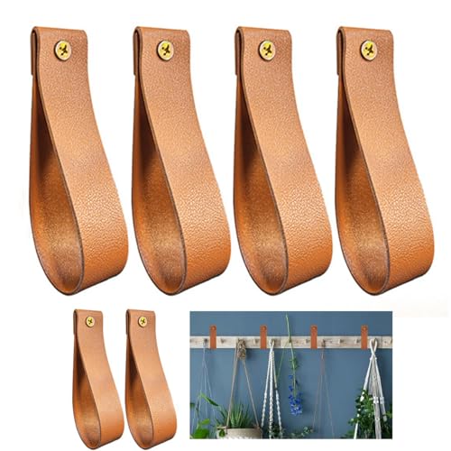 PU Leather Wall Hooks, Wall Mounted Straps Hanger Curtain Rod Hanging for Home Store Holder Supplies, 6Pcs(Brown)